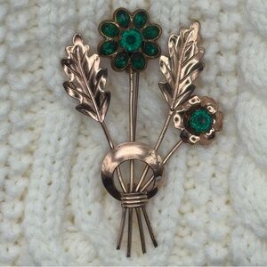 Vintage Sterling Silver Floral Bouquet Brooch Emerald Green Rhinestones